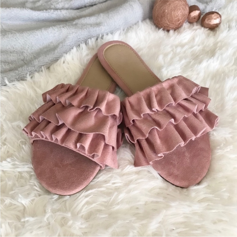 Pink Vegan Suede Ruffles Women’s Slides✨